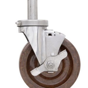 Close-up of a Metro 5MHTPB 5 Phenolic High-Temperature Autoclave Swivel/Brake Stem Caster featuring a metal frame and brown rubber tire, ideal for smooth movement on Super Erecta Industrial Wire Shelving Racks.