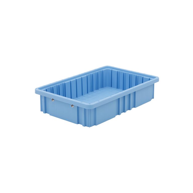 x56dbt7ow5328rvejca9dllphgfvh8qz.jpg The Metro TB92035BAS Static Dissipative Polypropylene Tote is a blue, rectangular crate with reinforced ribbed sides and bottom. Its dimensions of 16.5 x 10.875 x 3.5 make it versatile for various uses, showcased on a white background.