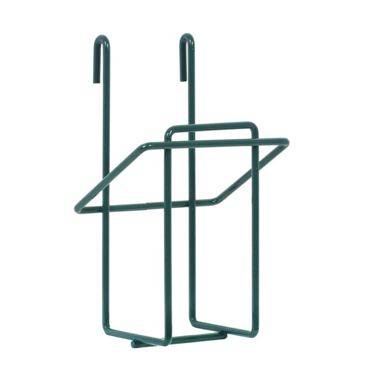 The Metro GBHVK3 Vertical Single Glove Box Holder for Super Erecta Wire Shelving and SmartWall Wall Shelving is a versatile green wire metal holder coated in Metroseal Green Epoxy with top hooks, ideal for efficiently holding newspapers or mail.