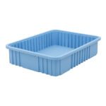 The Metro TB93050BAS Static Dissipative Polypropylene Tote is a blue 22.5 x 17.5 x 5 rectangular tray with ribbed sides and a smooth bottom, elegantly displayed on a white background to highlight its stylish design and practicality.