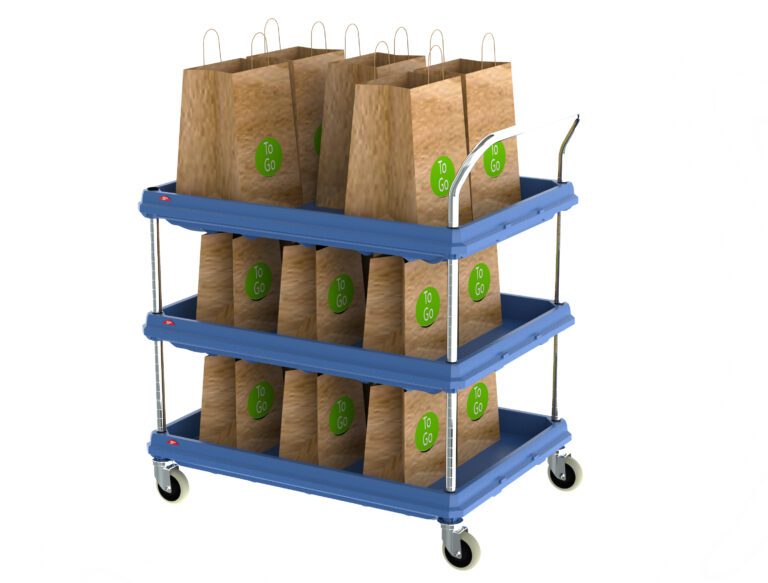 A blue, three-tiered cart with wheels, carrying several brown paper bags with green To Go labels. The cart handles are metallic, and the bags are neatly arranged on each shelf. The background is plain white.