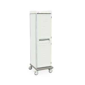 The Metro SXRS76CM5 Starsys Mobile Supply Cabinet, a sleek white medical storage unit with a ventilated door and central handle, stands elegantly against a white background on four wheels for easy mobility.