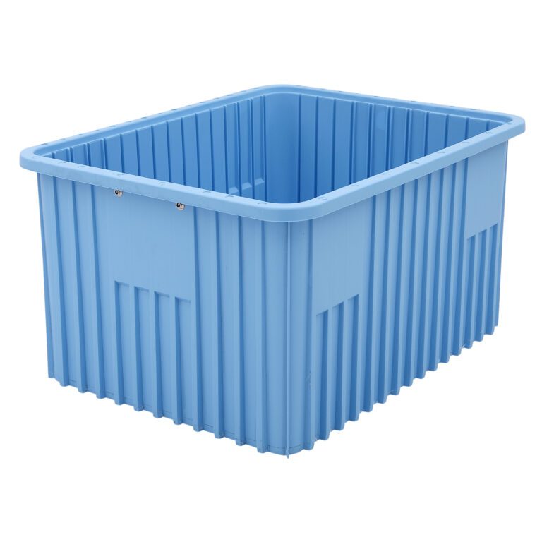 The Metro TB93120BAS Static Dissipative Polypropylene Tote in blue, measuring 22.5 x 17.5 x 12, is a large, empty rectangular bin with vertical ridges and rounded top edges, ideal for efficient space organization.