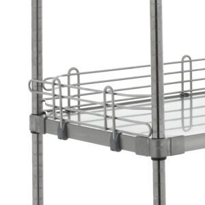 A close-up of a stainless steel shelf unit shows a wire basket attached to vertical poles with hooks. The Metro L24WS Super Erecta 4 High Ledge for Solid Shelving, Stainless, 24, enhances the shiny, reflective surface for sturdy and efficient storage.