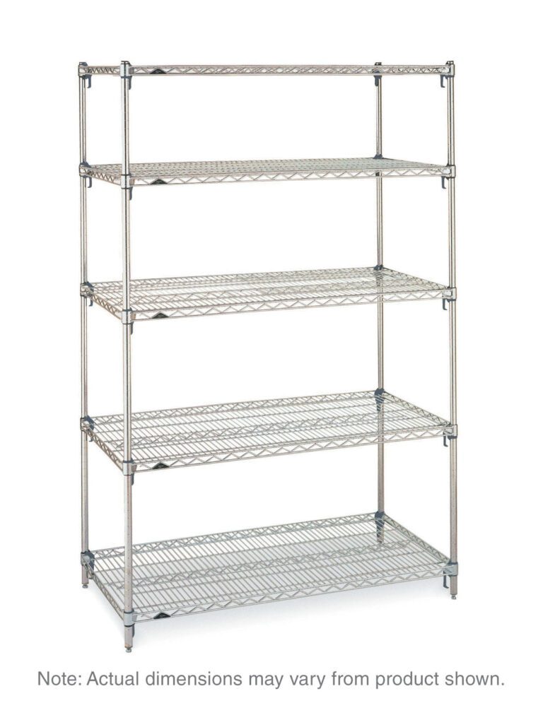 The Metro Super Adjustable Super Erecta 5A557C is a chrome, five-tier industrial wire shelving unit measuring 24 x 48 x 74, with evenly spaced shelves and a note clarifying that actual dimensions may differ.