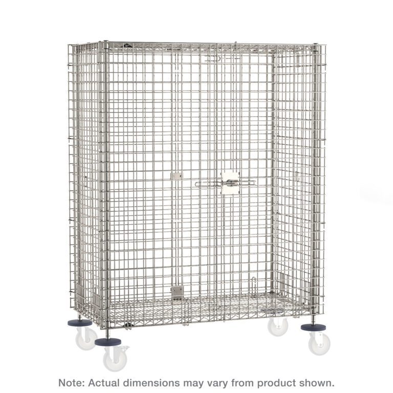 The Metro SEC53S-SD Super Erecta Standard-Duty Stem Caster Security Shelving Unit is a large stainless steel wire cage on wheels, featuring a front latch and grid-like design. It measures 27.25 x 40.75 x 62, excluding casters, with slight variations possible in dimensions.