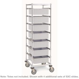 The Metro APT1C-5MP Adjustable Single-Bay Tote Rack, measuring 26 x 20.625-29.375 x 68, features six gray plastic bins vertically arranged and includes polyurethane casters for easy mobility; totes not included, shown with four extra S3C slide sets.