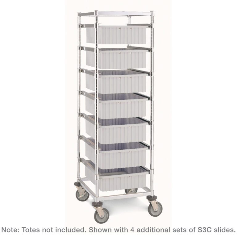 The Metro APT1C-5MP Adjustable Single-Bay Tote Rack, measuring 26 x 20.625-29.375 x 68, features six gray plastic bins vertically arranged and includes polyurethane casters for easy mobility; totes not included, shown with four extra S3C slide sets.
