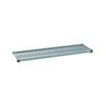 The MetroMax Q MQ1860G Plastic Industrial Shelf with Grid Mat (18 x 60) features a slotted metal rack and gray finish. It rests on four small feet, elevating its grid mat slightly off the surface.