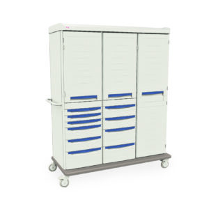 The Metro SXRTGS2 Starsys Mobile Supply Cabinet is a tall, white medical cart with four sections: blue-handled drawers on the left and center, secure doors on the right, and it moves easily on four wheels with a side handle for easy transport.