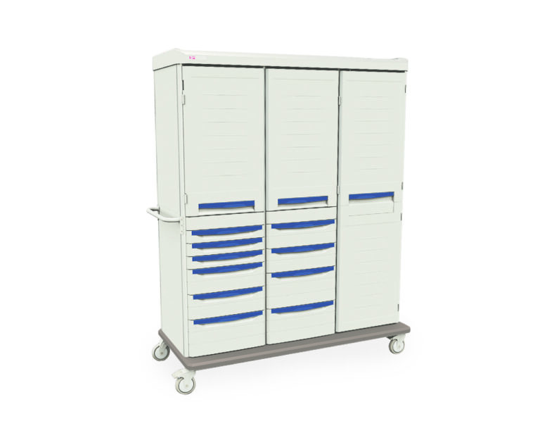 zwnaixcguiqd2e1zmyniayn6snr7ulvu.jpg The Metro SXRTGS2 Starsys Mobile Supply Cabinet is a tall, white medical cart with four sections: blue-handled drawers on the left and center, secure doors on the right, and it moves easily on four wheels with a side handle for easy transport.