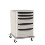 A tall, beige rolling storage cart with six black-handled drawers. It has four swivel casters for mobility, set against a plain white background.