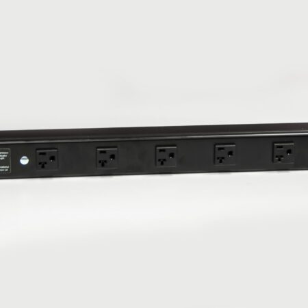 A black rack-mount power strip with six outlets and a green indicator light is positioned against a plain white background.