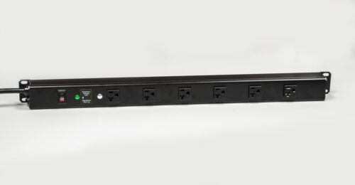 A black rack-mount power strip with six outlets and a green indicator light is positioned against a plain white background.