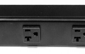 A black power strip with eight outlets is shown against a white background. The strip features a power switch and indicator light on the left end, with a power cord extending from it.