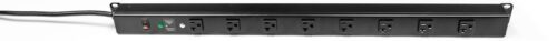A black power strip with eight outlets is shown against a white background. The strip features a power switch and indicator light on the left end, with a power cord extending from it.