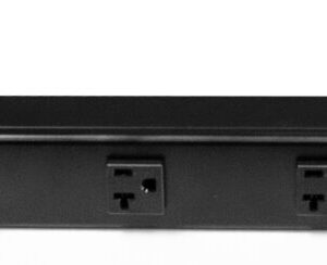 A black power strip with eight electrical outlets in a row, featuring a power button and an indicator light on the far left. The strip is designed for mounting, with metal brackets on each end.