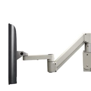Side view of a black flat-screen monitor mounted on an adjustable, articulated arm attached to a vertical support with perforations. The arm allows for flexible positioning against a plain white background.