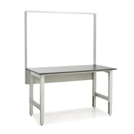 A minimalist workbench featuring a smooth, dark tabletop and grey metal frame embodies the essence of high-quality laboratory furniture. Its vertical metal rod structure is ideal for analytical testing tools, while the clear floor space complements its industrial design.