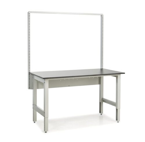 A minimalist workbench featuring a smooth, dark tabletop and grey metal frame embodies the essence of high-quality laboratory furniture. Its vertical metal rod structure is ideal for analytical testing tools, while the clear floor space complements its industrial design.