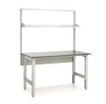 A sturdy workbench with a gray metal frame and a dark tabletop, perfect for high-quality laboratory furniture. It features an upper shelf supported by two vertical metal bars, making it ideal for practical use in workshops or analytical testing labs.