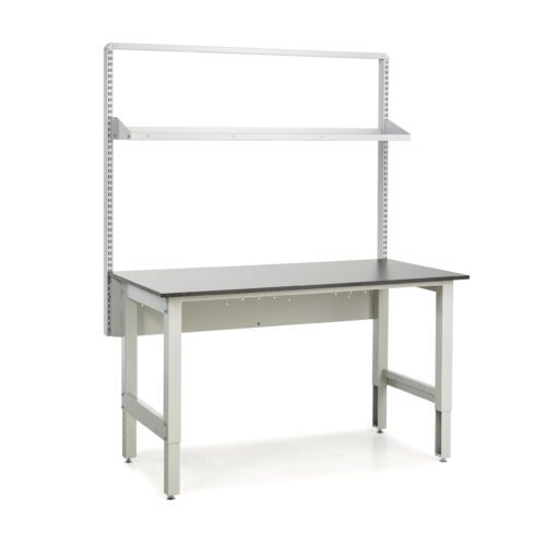 A sturdy workbench with a gray metal frame and a dark tabletop, perfect for high-quality laboratory furniture. It features an upper shelf supported by two vertical metal bars, making it ideal for practical use in workshops or analytical testing labs.