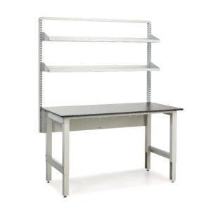 A gray workbench featuring a sleek black tabletop and two upper shelves mounted on a vertical frame. This piece, often found as clean room equipment, stands sturdily on four legs against a plain white background, embodying both functionality and industrial elegance.