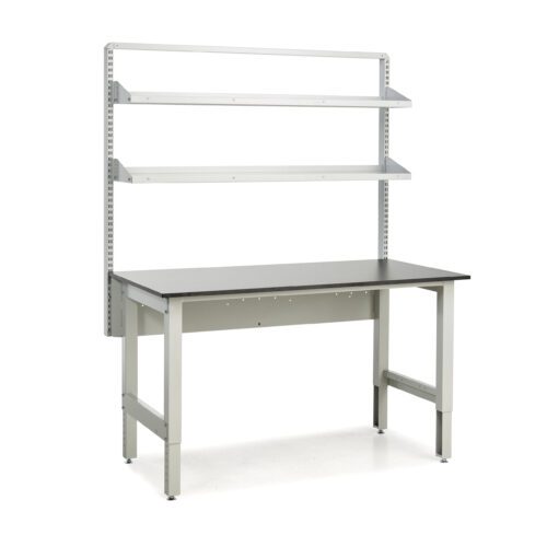 A gray workbench featuring a sleek black tabletop and two upper shelves mounted on a vertical frame. This piece, often found as clean room equipment, stands sturdily on four legs against a plain white background, embodying both functionality and industrial elegance.
