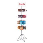 The Vulcan WIRE B 32 HOOKS NO POCKETS offers four tiers for snacks like chips and cookies, topped with a Snacks sign. Its sturdy tripod base ensures stability, but it lacks pockets for organization.