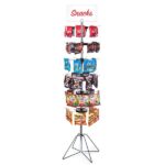 The Vulcan WIRE B display stand, with 48 hooks and no pockets, is a four-tier tripod base showcasing chips and candies. A sign reading Snacks tops the stand.