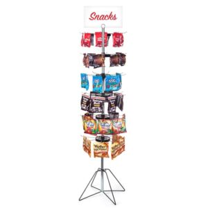 The Vulcan WIRE B display stand, with 48 hooks and no pockets, is a four-tier tripod base showcasing chips and candies. A sign reading Snacks tops the stand.