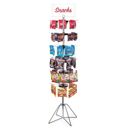 48-hook-6-tier-spinner.jpg The Vulcan WIRE B display stand, with 48 hooks and no pockets, is a four-tier tripod base showcasing chips and candies. A sign reading Snacks tops the stand.