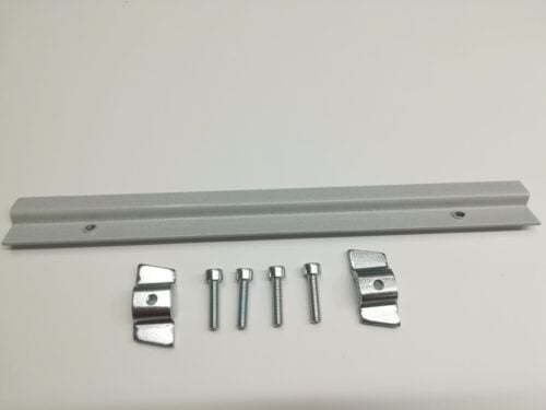 Metal rail with two holes, four metal bolts, and two clamp brackets on a flat white surface.