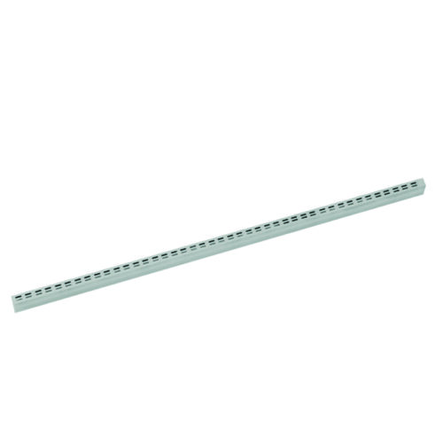 A long, slender metallic strip with evenly spaced square holes running along its length. The strip is light gray in color and is set against a plain white background.
