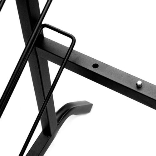 Close-up of the sleek Vulcan Adjustable Width Waterfall Display in black metal, showcasing intersecting bars and a cylindrical pin for versatile width adjustments. The image emphasizes the structural details and smooth finish.