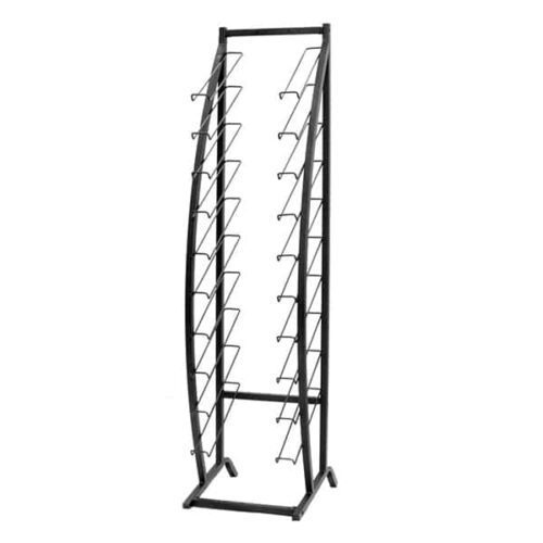 The Vulcan ADJUSTABLE WIDTH WATERFALL DISPLAY is a tall black metal rack with a curved design, featuring adjustable width and angled hooks on each side. It has a sturdy base, perfect for retail or home use to organize or showcase products in a waterfall display style.