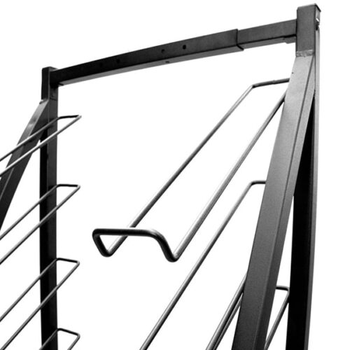 The Vulcan Adjustable Width Waterfall Display drying rack boasts a sleek black metal design, an adjustable width for versatility, and an angled tiered structure on a white background, ideal for efficient clothes hanging.