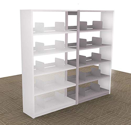 Aurora-Quik-Lok-Shelving-Add-On-Unit-5-Openings-64-Tall-12-Letter-Size-B07ND4VV4C.jpg The Aurora Quik-Lok Shelving Add-On Unit, 64 tall, stands on the beige patterned carpet. This double-sided white unit has 12 letter-size shelves with dividers on each side, providing five open compartments for efficient organization.