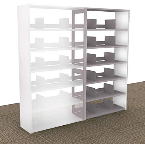 Aurora-Quik-Lok-Shelving-Add-On-Unit-6-Openings-76-Tall-12-Letter-Size-B07ND4JGTP.jpg A large, white Aurora Quik-Lok Shelving Add-On Unit with 6 openings stands 76 tall on a beige carpeted floor. Its multiple empty shelves and dividers create an organized, modern look that is beautifully emphasized by the plain background.