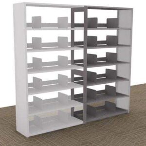 The 76 tall Aurora Quik-Lok Shelving Add-On Unit features 6 openings with metal dividers, standing sturdily on carpeted floors. This double-sided, freestanding bookshelf provides organized functionality and style.