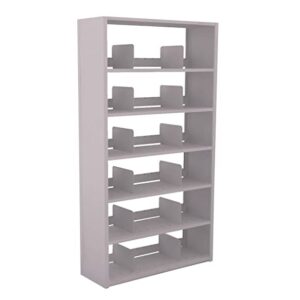 A gray, multi-tiered bookshelf with six shelves, each featuring book stops. The design is simple and open, suitable for organizing books or other items.