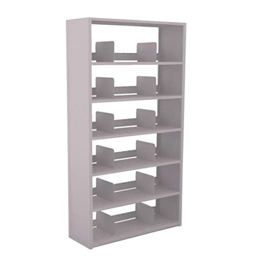 Aurora-Quik-Lok-Shelving-Adjustable-Easy-to-Assemble-Office-Shelving-Starter-Unit-6-Openings-64-Tall-12-Let-B07ND3X1D3.jpg A gray, multi-tiered bookshelf with six shelves, each featuring book stops. The design is simple and open, suitable for organizing books or other items.