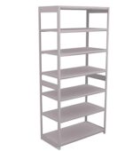 The Aurora Quik-Lok Shelving is an adjustable, easy-to-assemble starter unit featuring six openings. This open-on-all-sides shelving stands 76 tall and 18 deep, providing a gray metal structure perfect for maximum organization and accessibility.