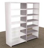 The Aurora Quik-Lok Shelving is a white, double-sided unit with a sleek, modern design. It features six adjustable openings on each side and robust steel construction supporting up to 350 lbs per shelf, ideal for rooms with textured carpets.
