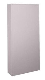 A 64 tall gray filing cabinet with a plain surface features two vertical doors and an Aurora Quik-Lok Shelving Back Panel, creating a sleek silhouette against the white background.