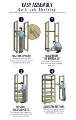 Instructions for assembling a Quik-Lok shelving unit in four steps: 1. Position upright supports. 2. Build from the bottom up with base and shelf supports. 3. Fit shelf over supports. 4. Add extra sections as needed.