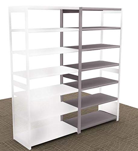 Aurora-Quik-Lok-Shelving-Open-Storage-Add-On-Unit-6-Openings-76-Tall-24-Depth-B07N98FNF5.jpg The Aurora Quik-Lok Shelving Open Storage Add-On Unit features a modern two-tone design with 6 openings. The left side has white shelves and frame, while the right side offers gray shelves and a matching frame. It stands 76 tall and is elegantly set on a diagonally striped carpeted floor.