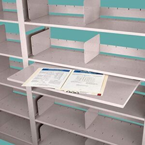 The Aurora Quik-Lok Shelving Reference Shelf, Legal Size, features a metal design with adjustable dividers. Its teal-colored central shelf comfortably holds legal-size documents and two sheets of paper with charts and text.