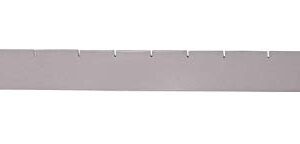 The Aurora Quik-Lok Shelving Slotted Back Stop is a gray, rectangular metal panel with slots for shelving. It has notches along one edge and end holes for mounting, featuring a flat, smooth surface for seamless integration into storage systems.