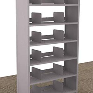 The Aurora Quik-Lok Shelving Starter Unit, 76 tall with six openings, is perfect for organization. It includes five adjustable shelves and several dividers to accommodate 12 letter-size items. This functional gray unit is ideal for carpeted floors, meeting all your storage needs.